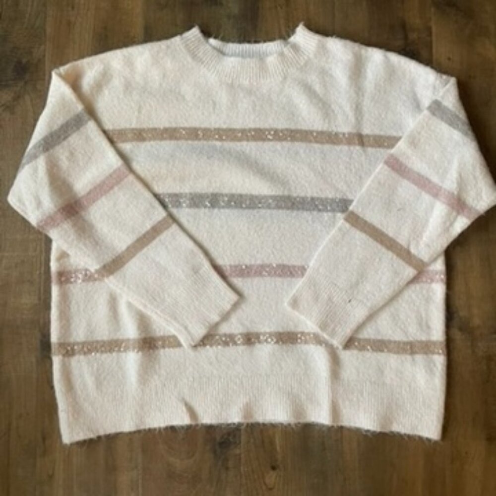 Staccato Cream Striped Sweater with Subtle Sequins Size Large‎